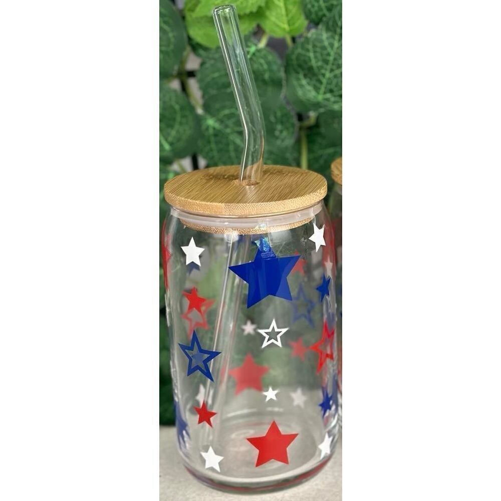 4th of July Glass Cans Glass Can with Bamboo Lid and Glass Straw